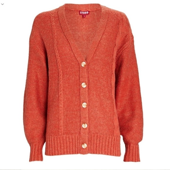 Staud Blake Oversized Cable Knit Cardigan in Orange - Picture 1 of 11